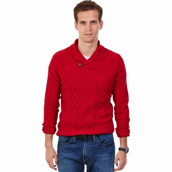 Nautica - Cable Knit Shawl Collar Red Sweater - Picture 1 of 14